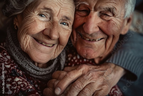 Elderly couple smiling and embracing each other in a close-up view, expressing happiness and companionship