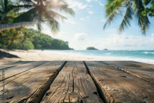 Closeup of an empty wooden table set against a blurred tropical beach and sea