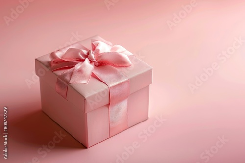 A commercial photo featuring a white gift box adorned with a pink bow on a pink background © Ilia Nesolenyi