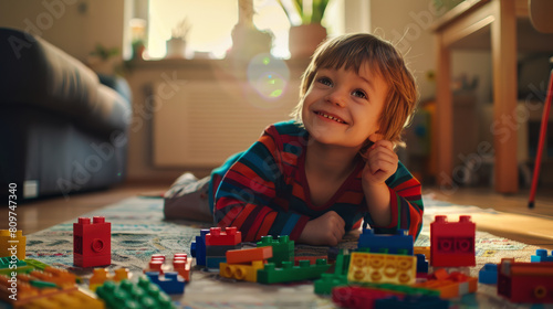 Child's playtime bliss: A boy with bright eyes imagines worlds among colorful building blocks.