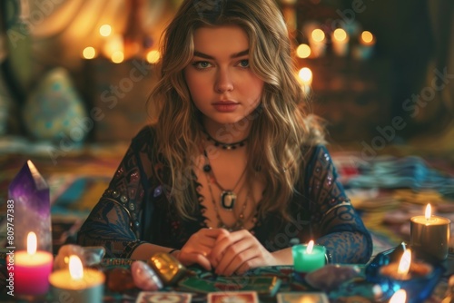 A young woman in bohemian attire sits at a table, surrounded by flickering candles, portraying a fortune teller with tarot cards
