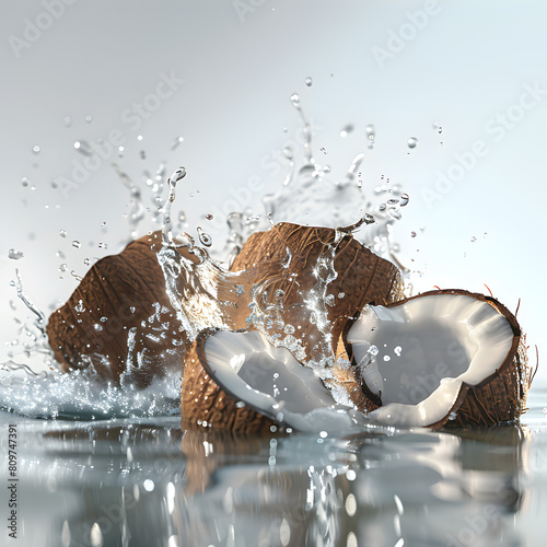 Four compact coconut, white background, water droplets on the surface. Close-up. (ID: 809747391)