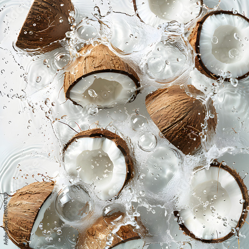 Multiple compact coconut, white background, water droplets on the surface, top of view. (ID: 809747539)