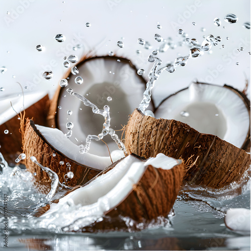 Multiple compact coconut, white background,water droplets on the surface, water surface. (ID: 809747557)