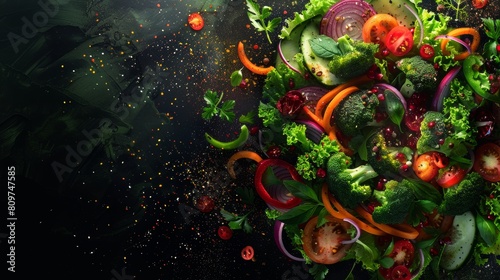 Colorful salad ingredients swirling with space for copy