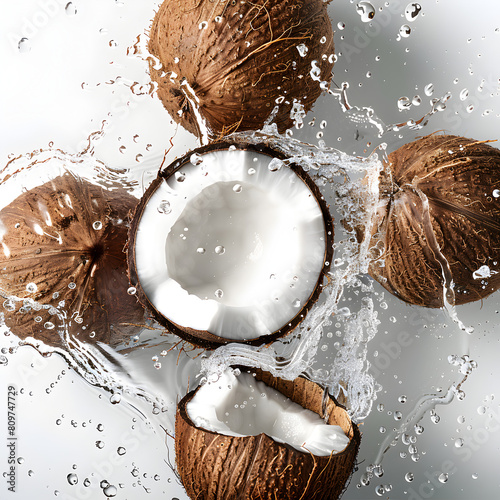 Multiple compact coconut, 1 cut coconut in the middle of the frame, white background,water droplets on the surface, water surface. (ID: 809747729)