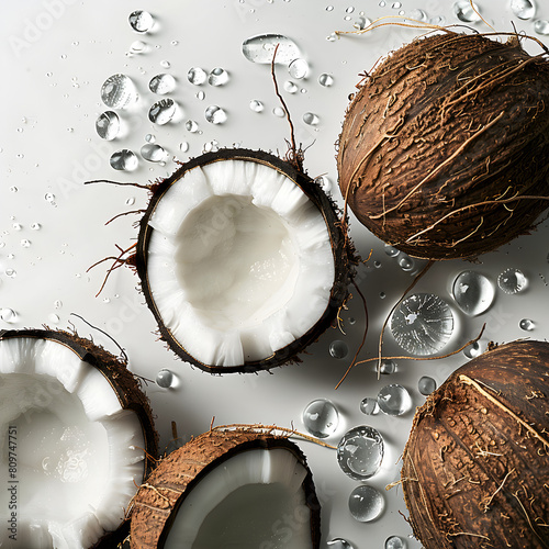 Multiple compact coconut, 1 cut coconut in the middle of the frame, white background, water droplets on the surface, water surface, product. (ID: 809747751)