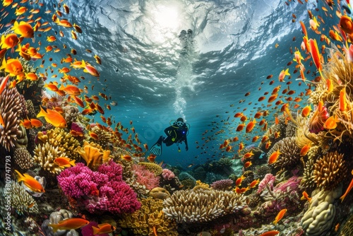 A diver swimming in the ocean surrounded by a variety of colorful fish in a vibrant underwater coral garden