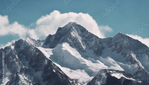 lose up view of snow-capped rocky mountain peak and blue open sky background 
