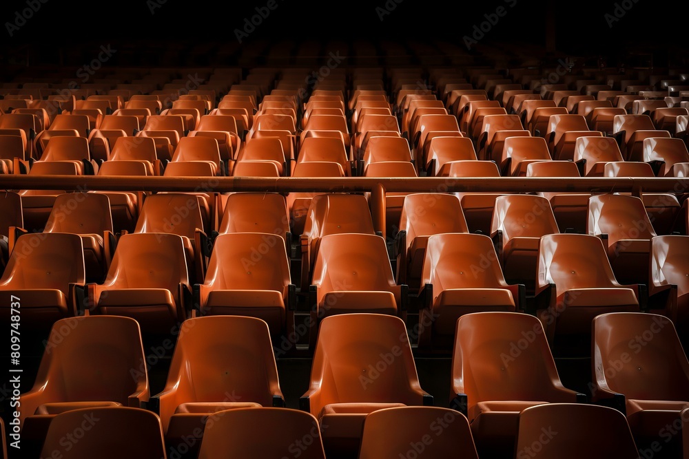 Obraz premium Rows of vacant orange seats in a dark auditorium with moody illumination
