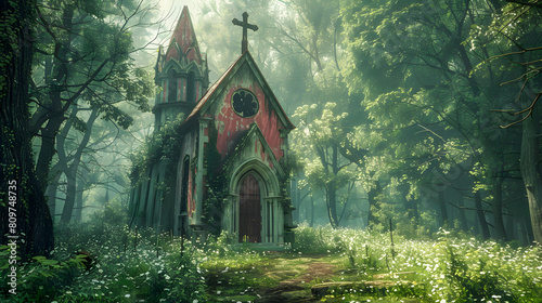 Old wooden church in the forest with foggy background photo