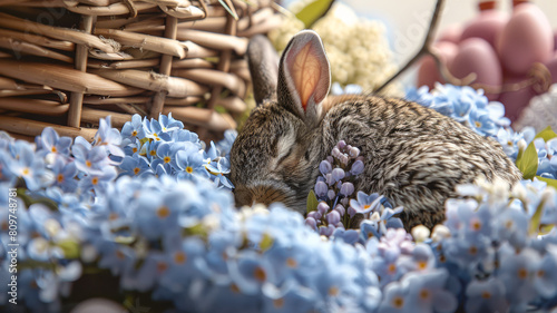 bunny in a basket with beautiful blue flowers and eggs easter © Dmitriy