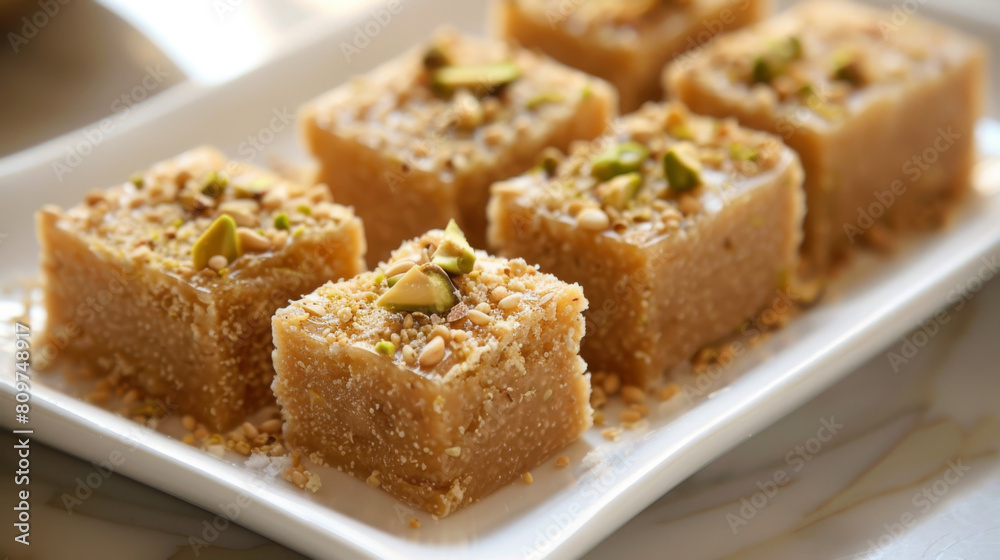 Close-up view of persian halva dessert, garnished with pistachios and sesame seeds on a white platter, authentic iranian cuisine