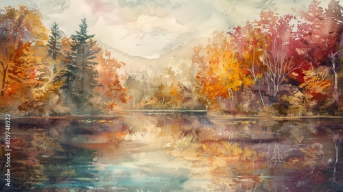Tranquil Autumn Lake A Watercolor Homage to Romantic Era Foliage