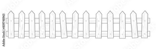 Wooden fence doodle style, garden or farm palisade. Enclosure railing, banister or fencing sections with decorative pillars. Black and white Coloring page. Vector illustration