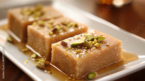 Delectable iranian halva topped with pistachios and syrup, presented aesthetically on a white plate, capturing the essence of persian cuisine