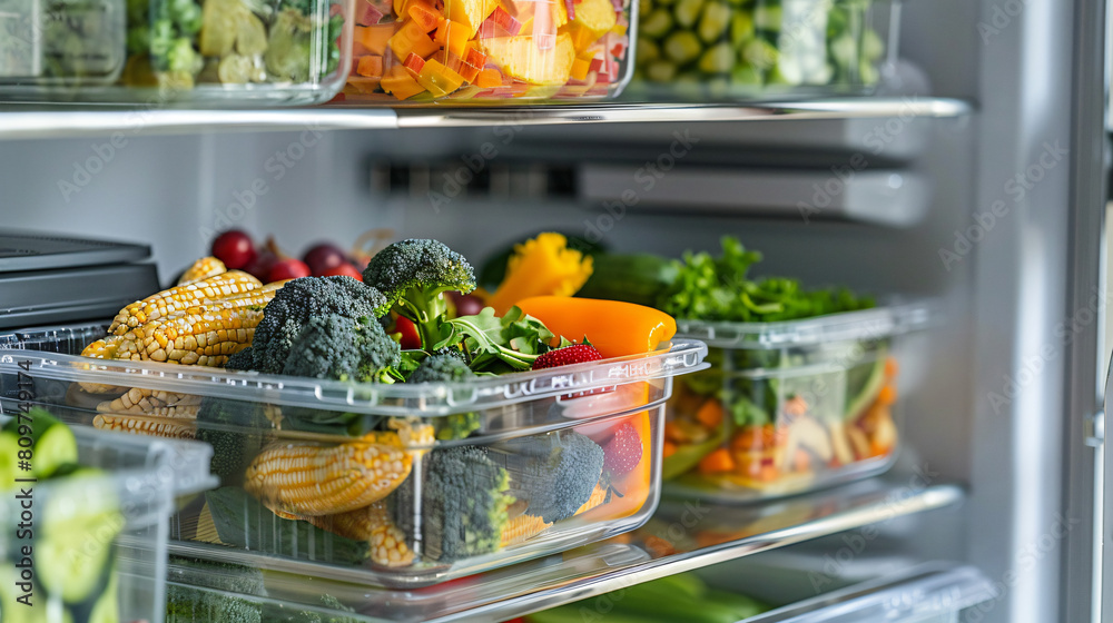 Containers with healthy food on shelf in fridge