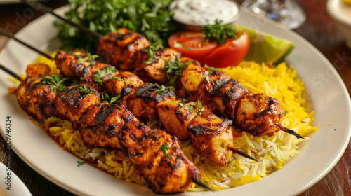 Delicious iranian chicken kebab with saffron rice, fresh herbs, tomatoes, lime, and yogurt sauce on a plate
