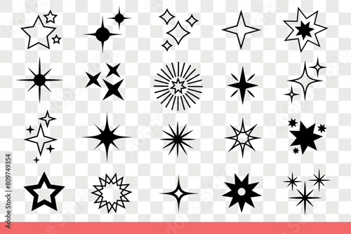Stars and sparkles of different shapes glowing in night sky or reflecting from light bulb. Collection of magical glitter sparkles with rays spreading bright light around. Hand drawn doodle