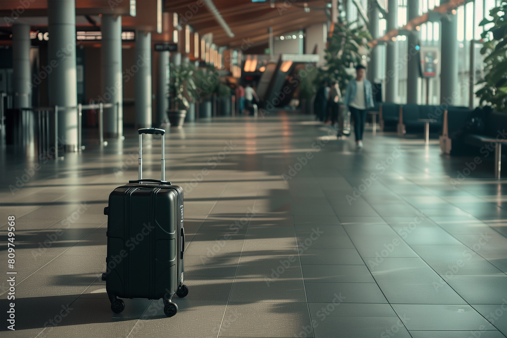 Lonely suitcase left unattended on the floor of an airport lobby, no people around Lonely suitcase left unattended on the floor of an airport lobby, no people around