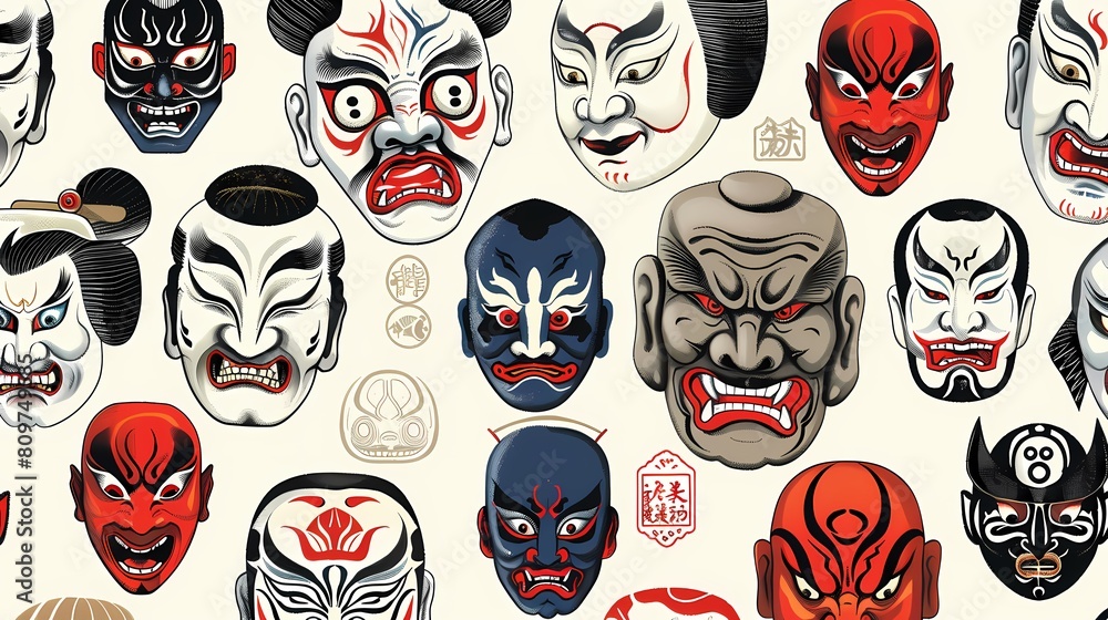 A collection of vibrant Kabuki masks displaying a range of theatrical emotions A collection of vibrant Kabuki masks displaying a range of theatrical emotions