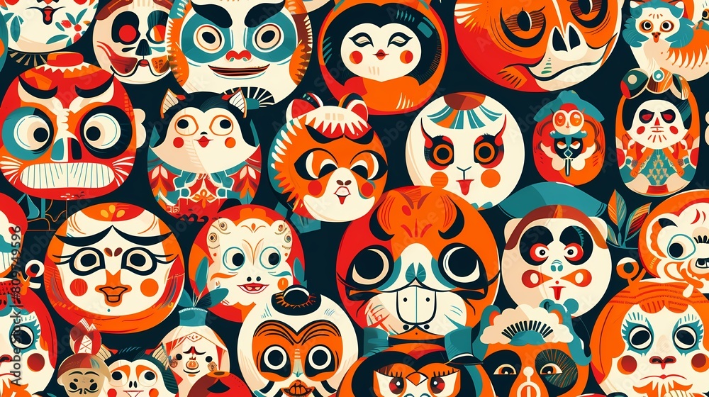 Fototapeta premium A colorful tapestry of stylized whimsical animal faces