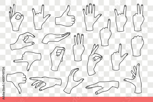 Various gestures are made with hands of woman signaling using arms. Set of gestures thumbs up and down or ok symbol and numbers with count of fingers when gesturing. Hand drawn doodle