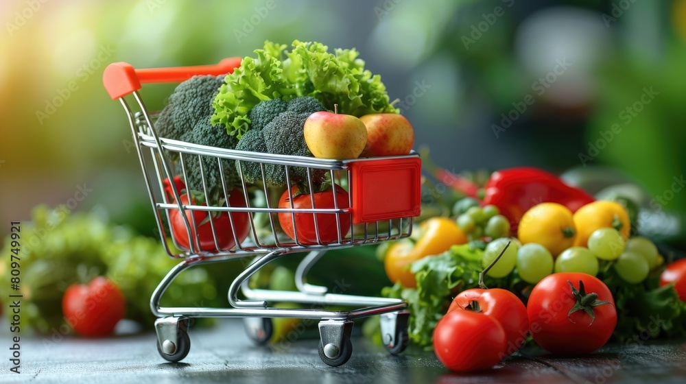 A shopping cart filled to the brim with a colorful variety of fresh vegetables and fruits, showcasing a vegan shopping concept A shopping cart filled to the brim with a colorful variety of fresh vegetables and fruits, showcasing a vegan shopping concept