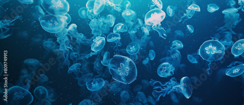 Ethereal underwater dance of countless jellyfish, glowing with bioluminescence.