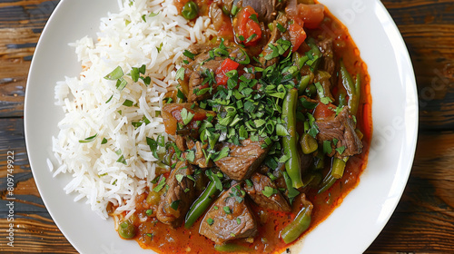 Authentic iranian khoresht stew with green beans, tomatoes, and tender meat served alongside fluffy white basmati rice on a wooden table photo