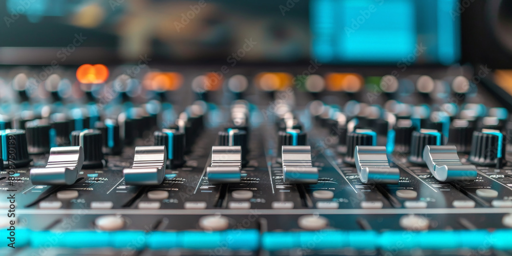 Obraz premium close up of the sound board inside a recording studio, Equalizer of mixing console,