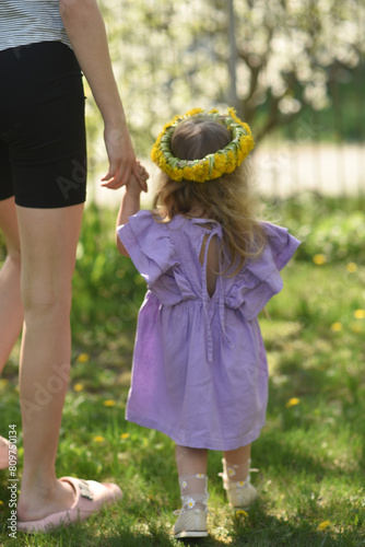 A beautiful girl with blond hair, two years old, is walking in the garden. Little girl with a wreath on her head. Dandelion wreath. A child walks hand in hand with his parent. A little girl is being h