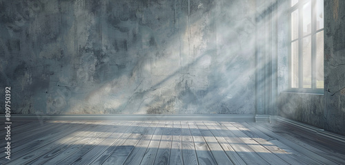 Classic atmosphere exuded by an antique gray grunge room with subtle sun rays. photo