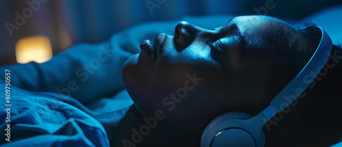 A person reclines while enjoying music through headphones in a dimly lit room.