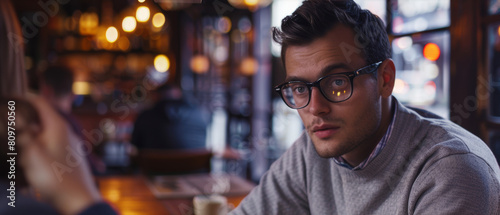 Young man in glasses engaged in an intimate conversation in a cozy café setting. photo