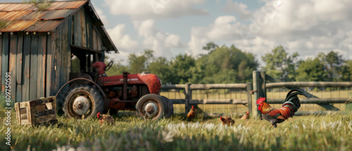 Rooster struts by an old tractor on a rustic farm scene with hens in background.