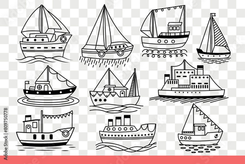 Ships and boats sailing on sea waves carrying goods or delivering tourists to islands. Set of ships or sea vessels for fishing and marine expeditions to explore ocean. Hand drawn doodle