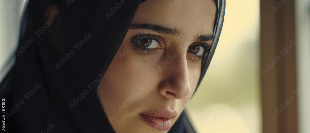 A woman's piercing gaze conveys strength and depth beneath her hijab. A woman's piercing gaze conveys strength and depth beneath her hijab.