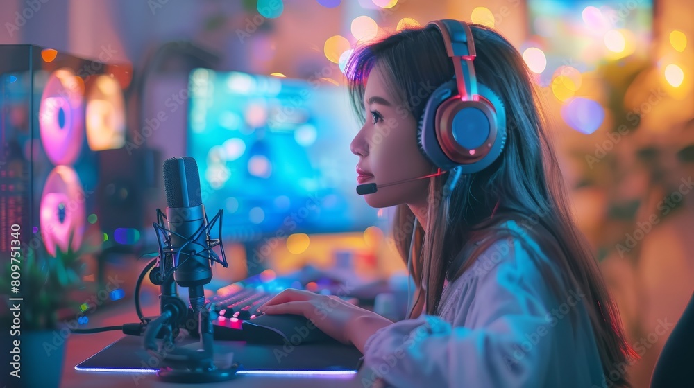 Young Woman Music Producer Working in Modern Home Studio at Night. Generative ai Young Woman Music Producer Working in Modern Home Studio at Night. Generative ai