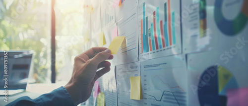 An office professional analyzes colorful data charts, engrossed in strategic planning with focus. photo