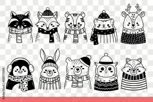 Animals in winter clothes and scarves with hats ready to celebrate christmas. Cute forest animals and penguin with owl are warmly dressed for walks in snowy december weather. Hand drawn doodle