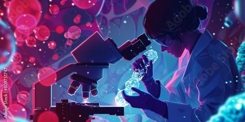 a doctor holding a dna molecules under the microscope, in the style of sci-fi environments #809751747