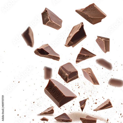 Pile chopped, milled chocolate pieces isolated on white, top view, png transparent background photo