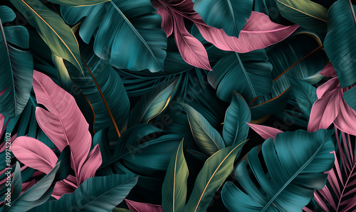 A seamless pattern of watercolor pastel pink  green and blue banana leaves on navy background  showcasing the intricate details in their textures and colors