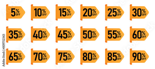 discount sticker product tag set. shopping discount label badge with 5 to 90 percent off. vector symbol on transparent background.