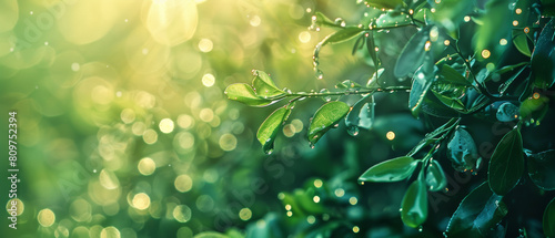 Dew-kissed leaves glistening in the soft morning light, nature's serene awakening.