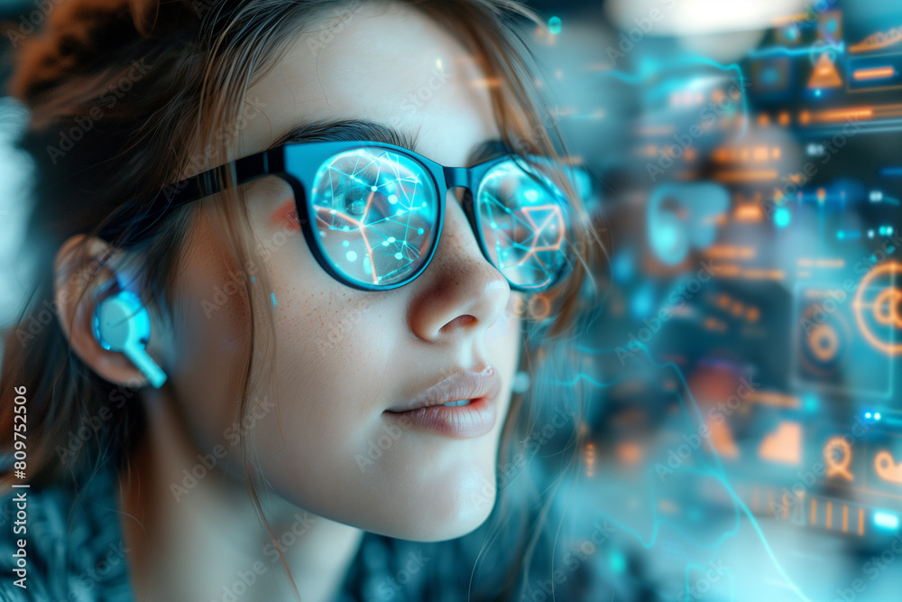 A woman wearing glasses is looking at a computer screen with a blue background A woman wearing glasses is looking at a computer screen with a blue background