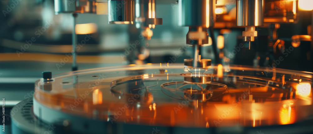 Precision machinery at work in the dynamic, glowing environment of a high-tech lab. Precision machinery at work in the dynamic, glowing environment of a high-tech lab.