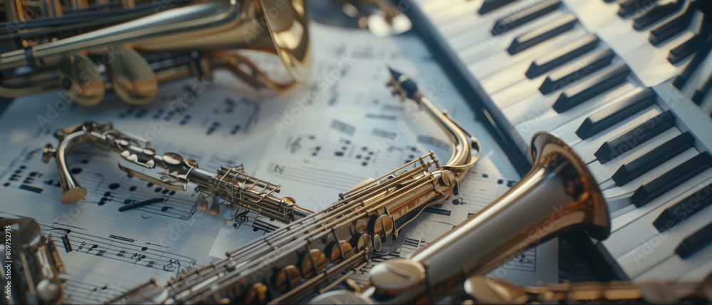 Obraz premium Assorted brass wind instruments on sheet music, expression of musical harmony.