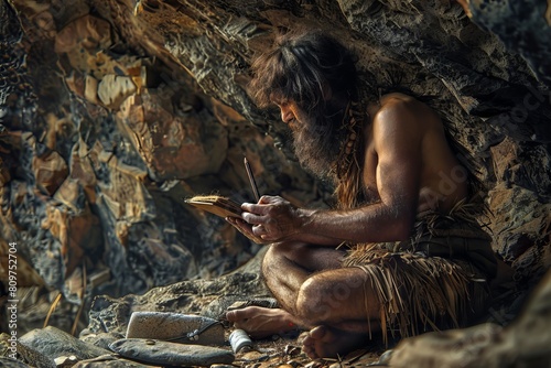 Ancient Stone Age Programmer, Prehistoric Programming, Neanderthal Man Working